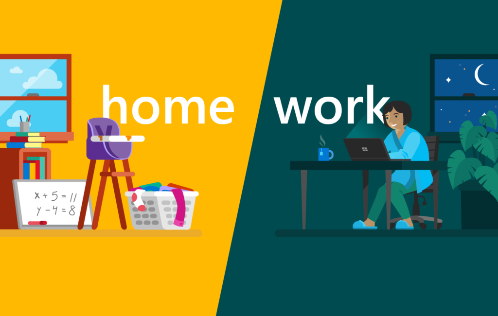 Illustration of a messy house and employee working at night represent work-life balance